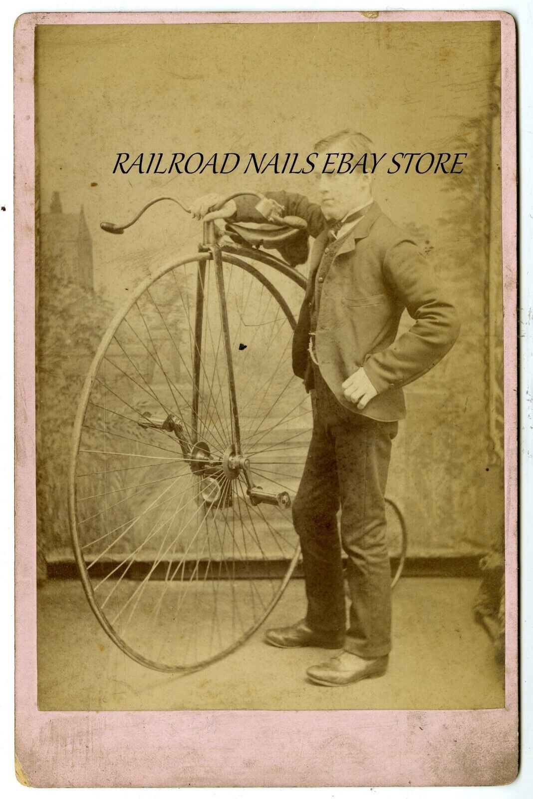 1890\'s Cabinet Card PHOTO  High Wheel Bicycle with Bike Lantern