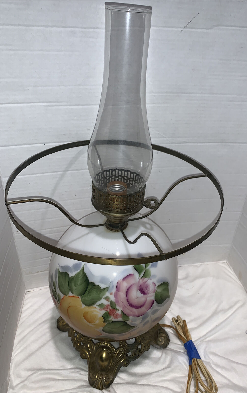 Hand Painted Glass Electric Hurricane Parlor Table Lamp 25” Victorian