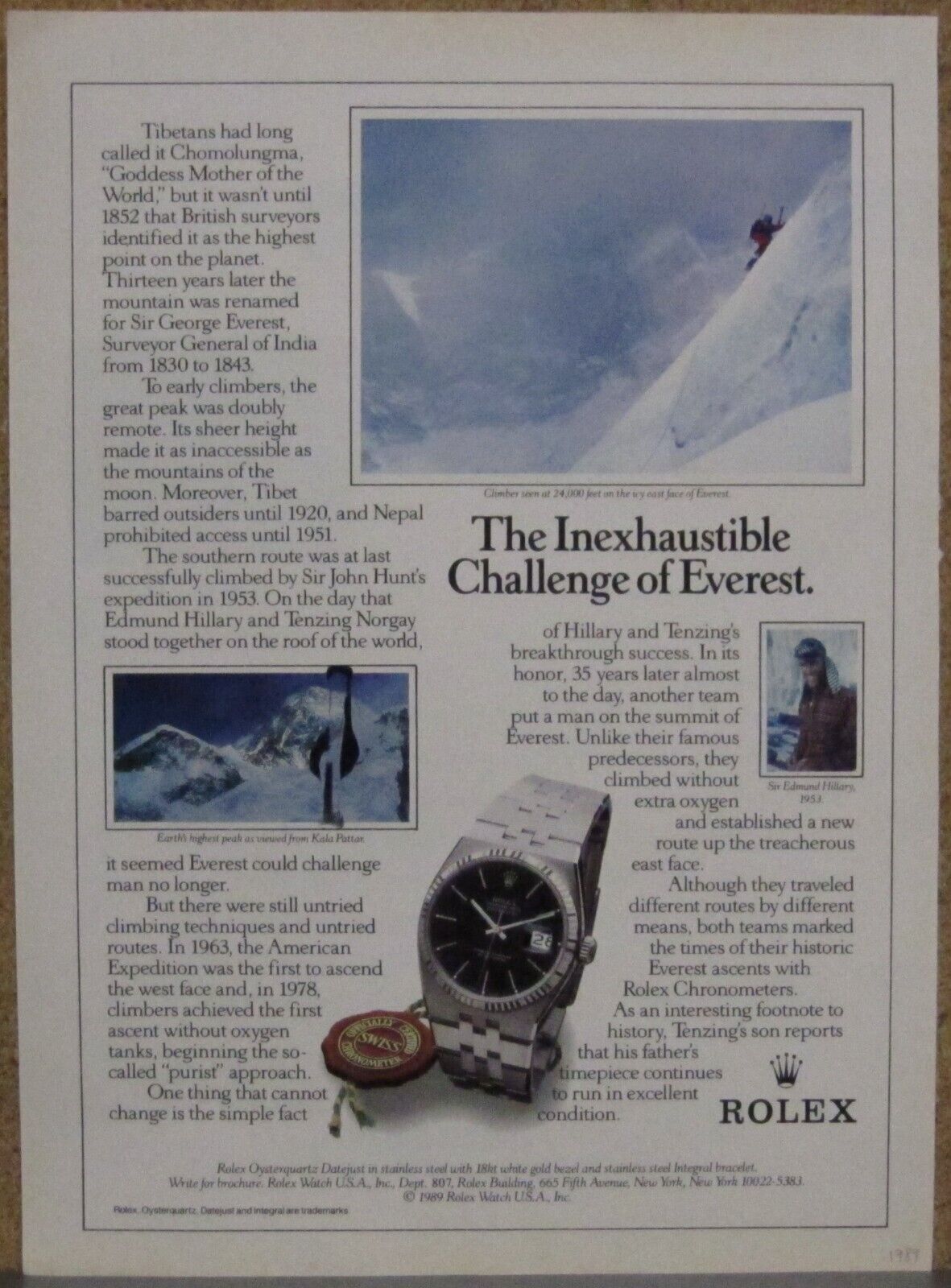 1989 Rolex Oysterquartz Stainless Print Ad; Challenge of Everest