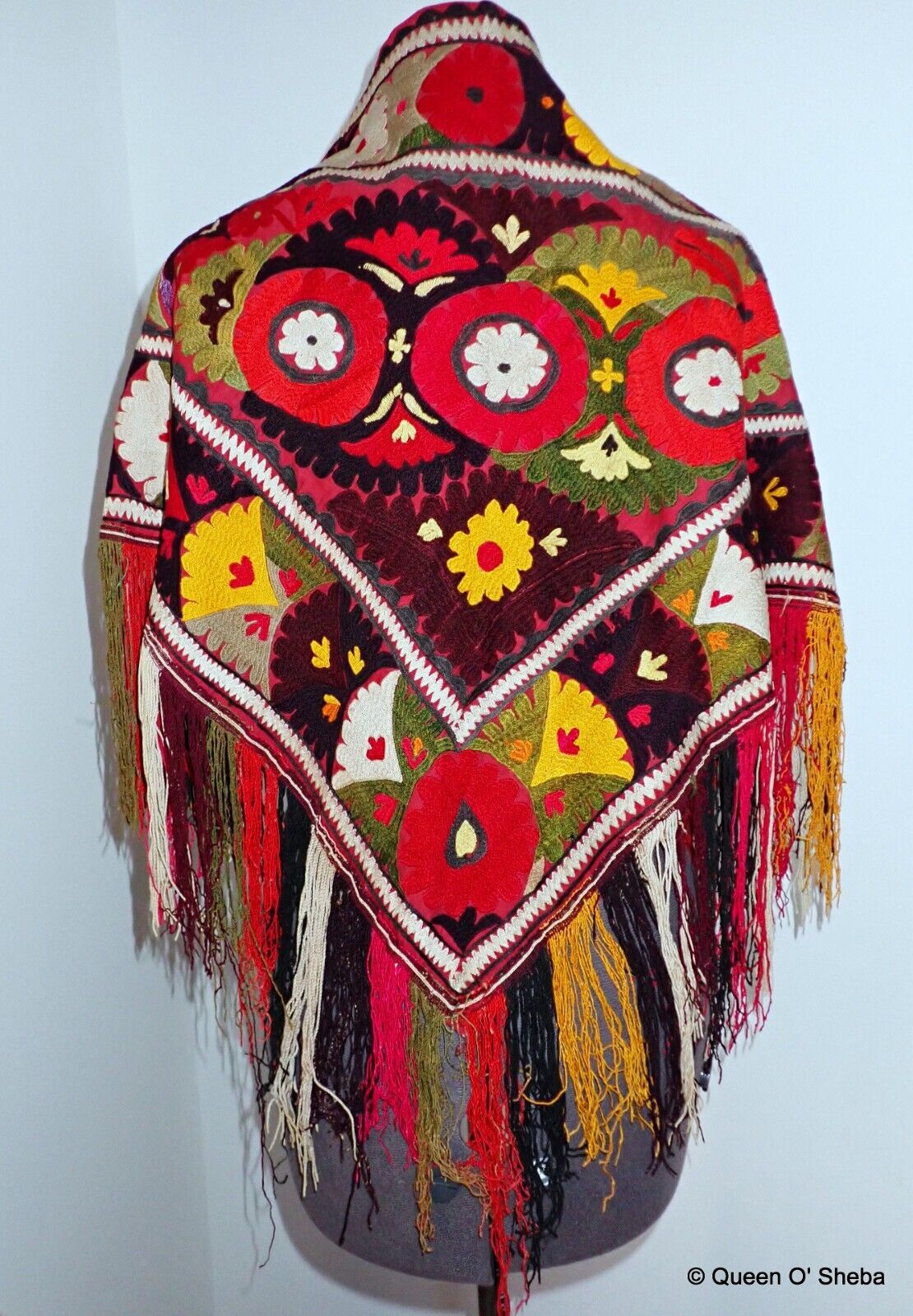 Uzbek Tajik Suzani Silk Hand Embroidered Textile Shawl Triangle Dress Part Vtg#