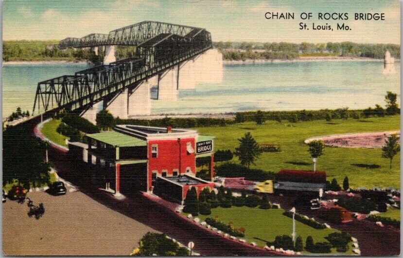 c1940s ST. LOUIS, Missouri LINEN Postcard CHAIN OF ROCKS BRIDGE Bird's-Eye View
