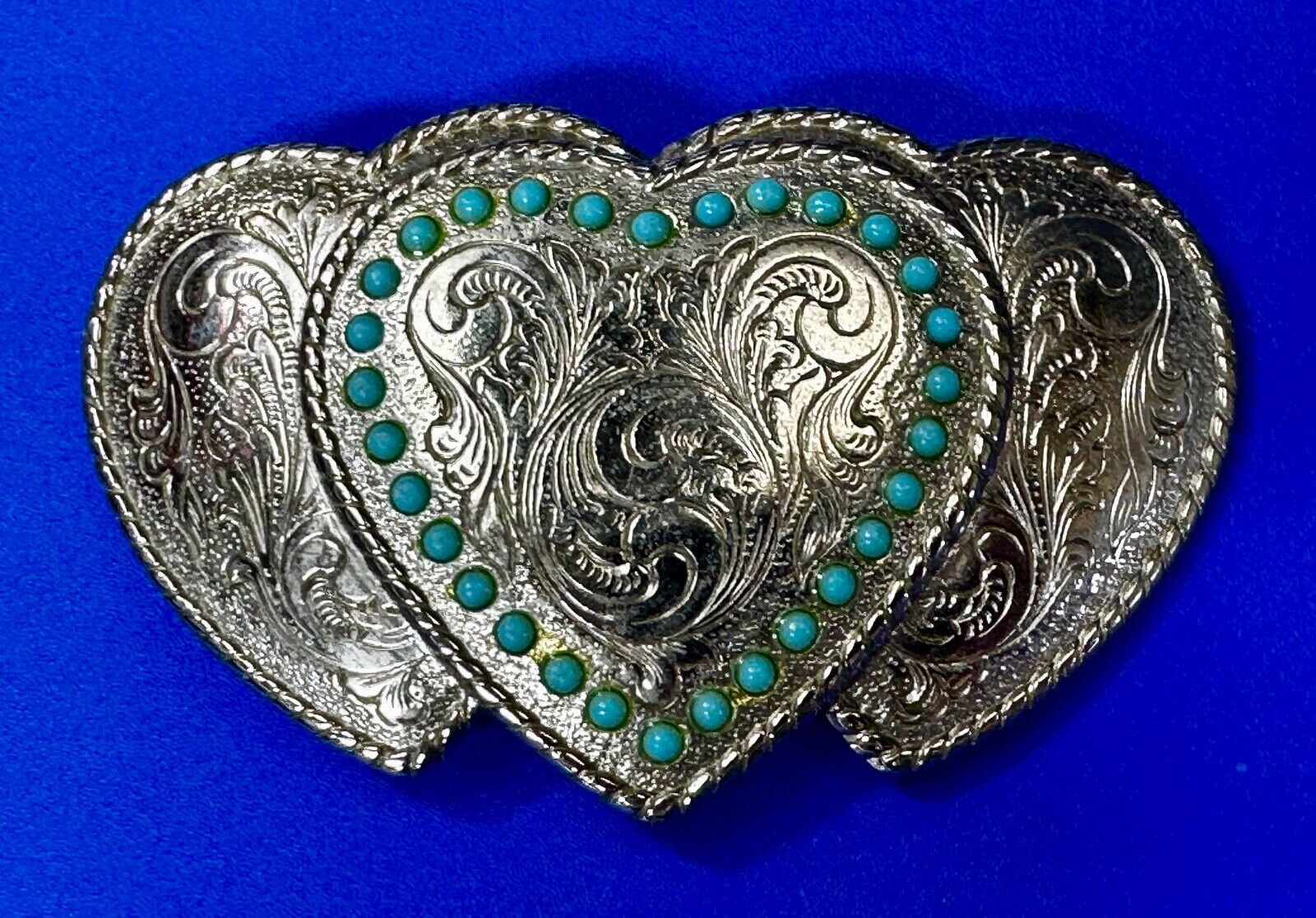 Triple 3 Hearts - Turquoise Colored Accented Or Outlined Three Heart Belt Buckle