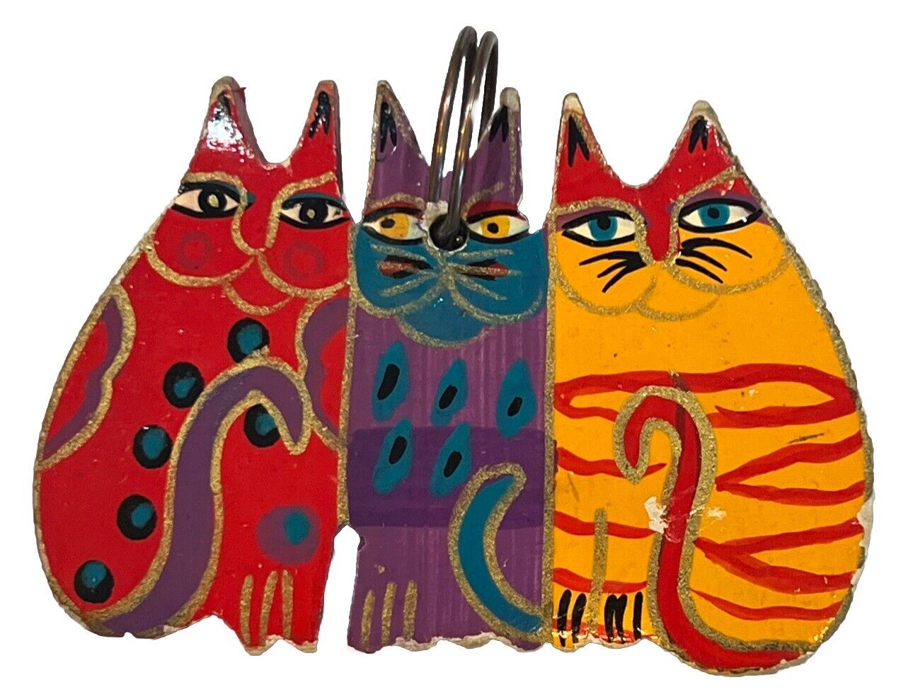 Signed LAUREL BURCH Wood Cats Trio Pendant Ornament Charm Red Purple Yellow Gold