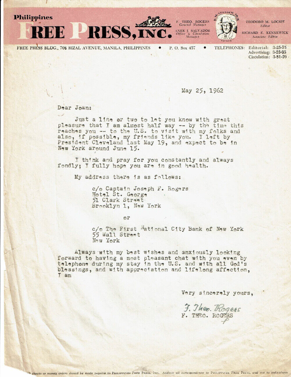 PHILIPPINES FREE PRESS mgr. F. THEO ROGERS 1962 SIGNED LETTER - Japanese POW