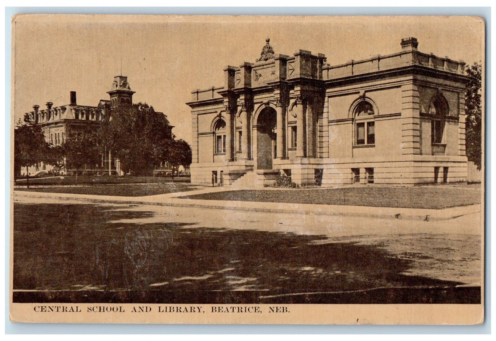1911 Central School And Library Exterior Beatrice Nebraska NE Posted Postcard