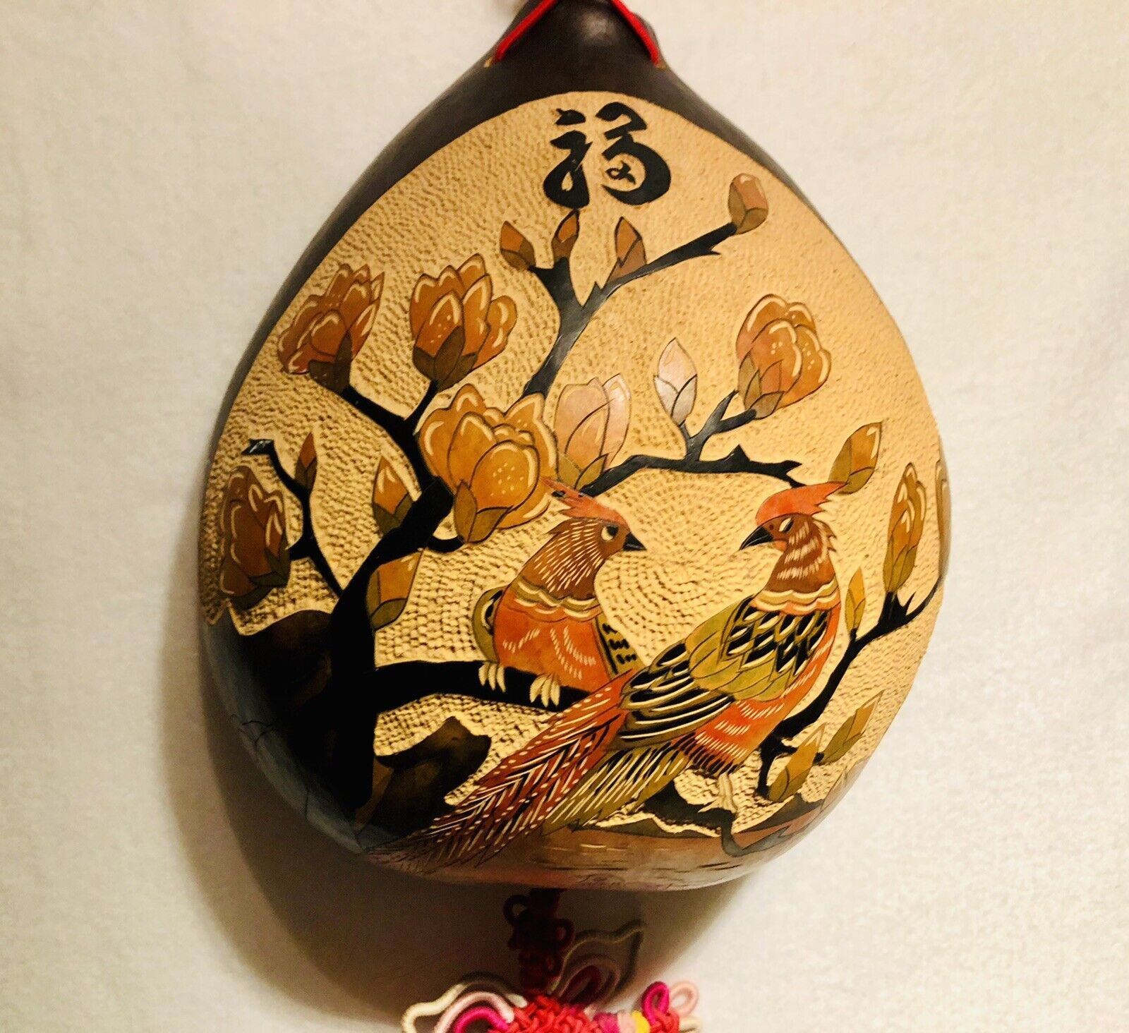 2 Asian Scrimshaw Hand Carved Gourd  Art Bird And Flowers￼ Hanging Wall Decor