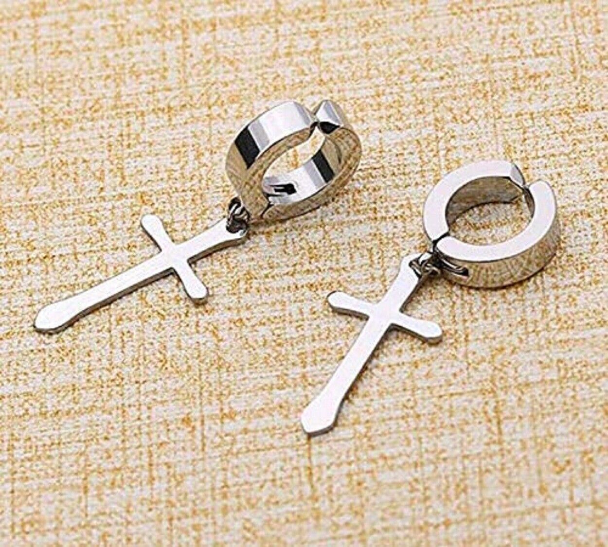 Stylish Christian Non-Pierced Clip On Cross Dangle Drop Hinged Earrings silver