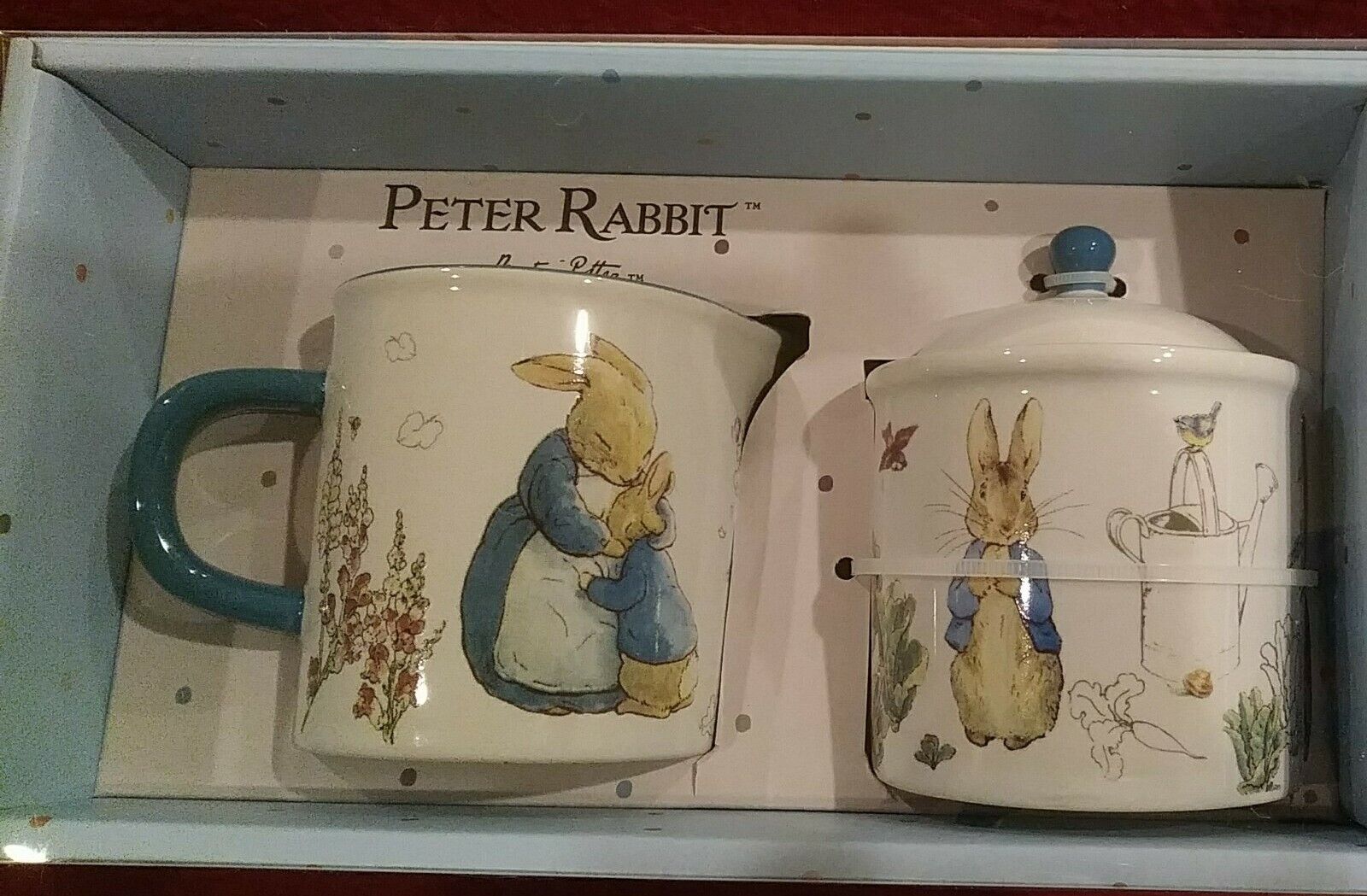 BEATRIX  POTTER Peter Rabbit  Sugar Bowl and Creamer Set Easter Bunny NEW NIB