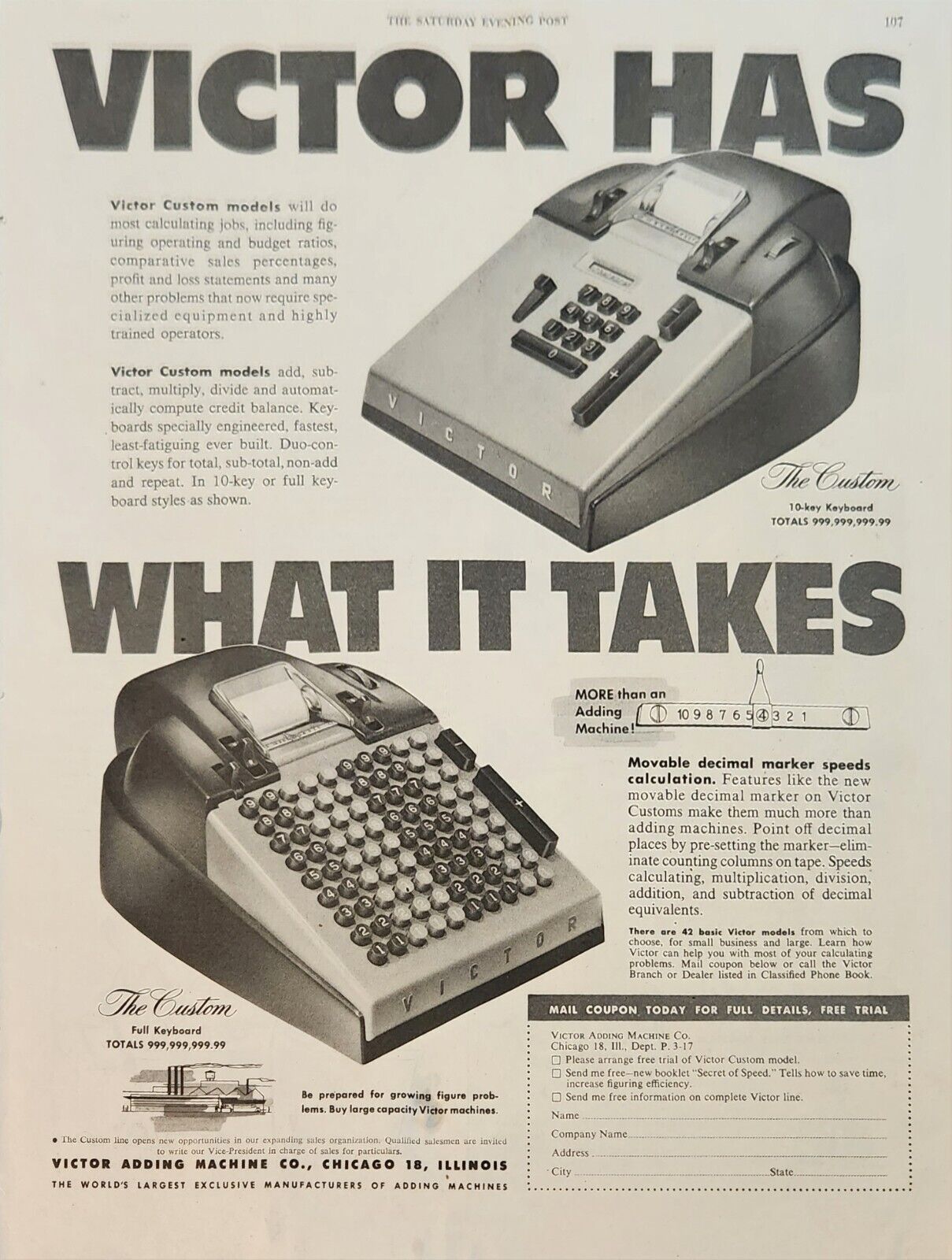 1951 Victor adding machine company Vintage Ad Movable decimal marker