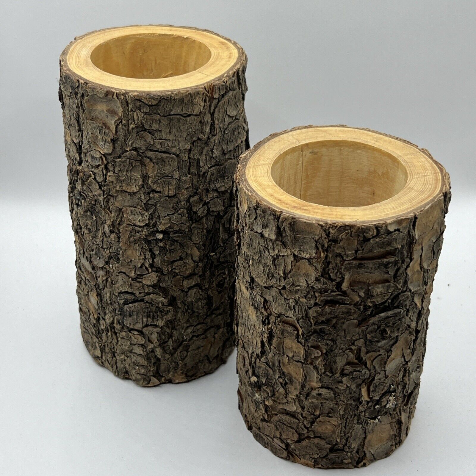Handmade Real Wood Rustic Natural Tree Bark Candle Holders Vase Set of Two Lg/Md