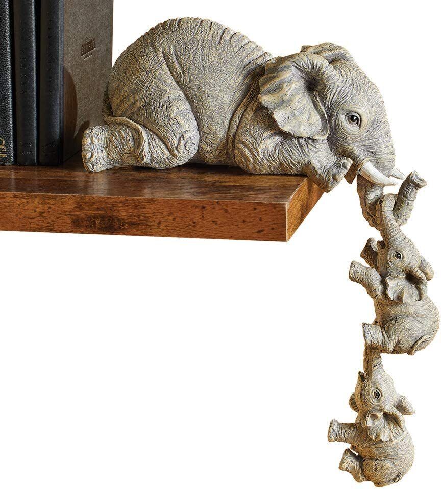 Elephant Sitter Hand-Painted Figurine Mother & Babies Hanging Off Edge of Shelf