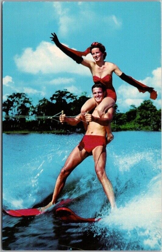 CYPRESS GARDENS, Florida Postcard Tandem Water-Skiing Scene / Curteich Chrome