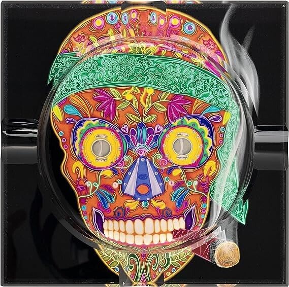 Crystal Cigar Ashtray Calavera Skull Dia de los Muertos Art Premium Ashtray