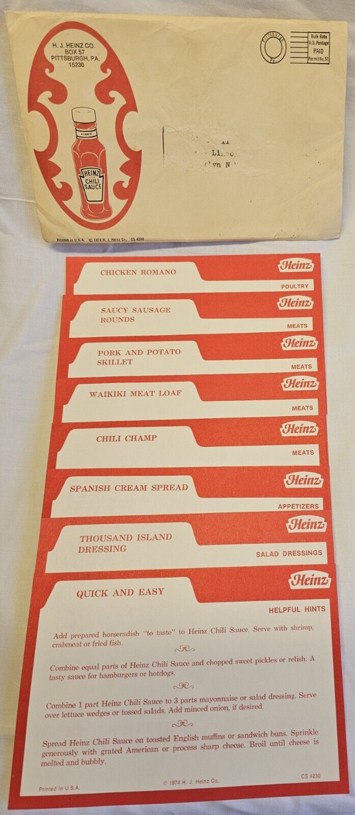 VERY RARE 1974 Mail Away Heinz Chili Sauce Recipe Cards & Letterhead Envelope 