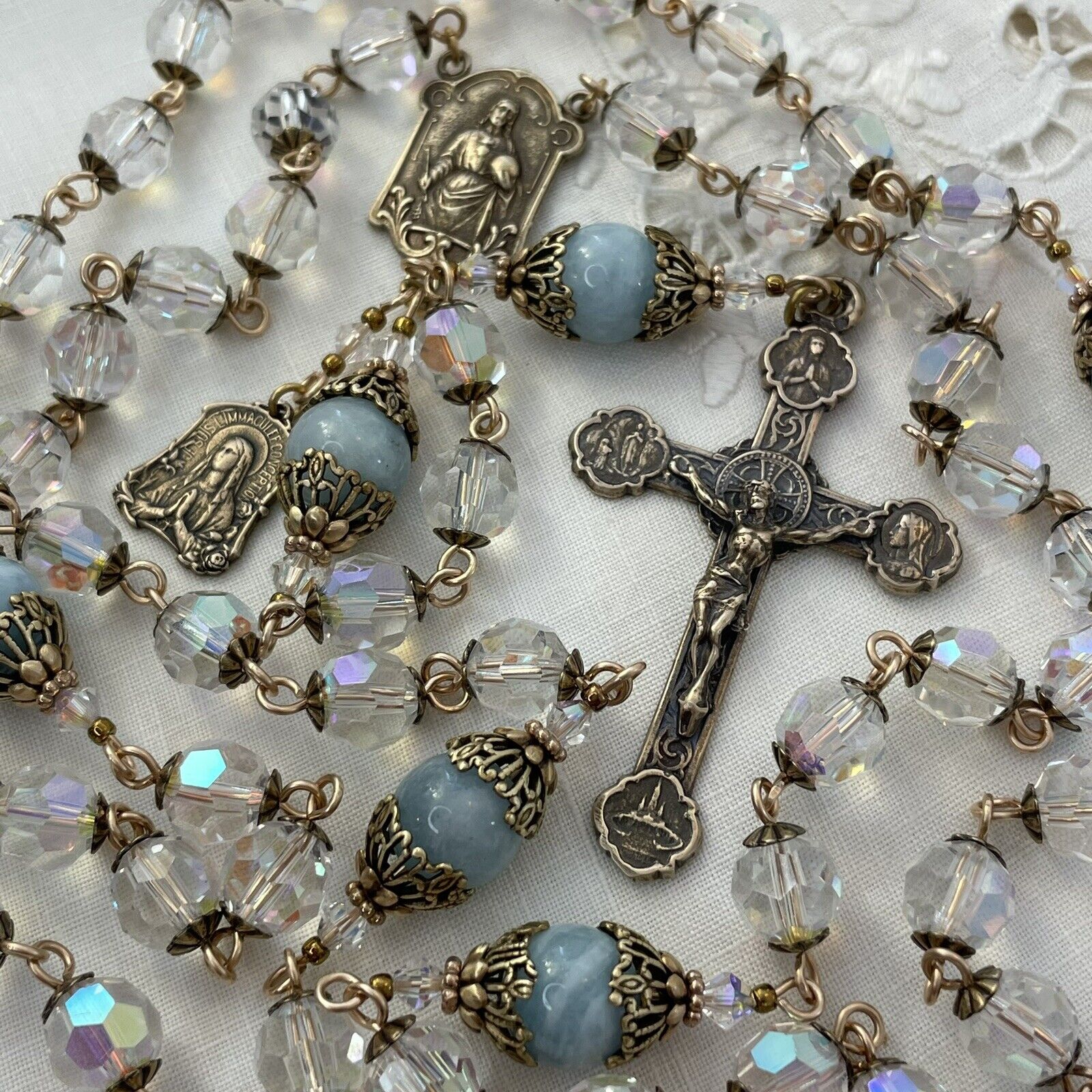 French Bronze Rosary Lourdes Crucifix Aquamarine & Crystal - Breathtaking