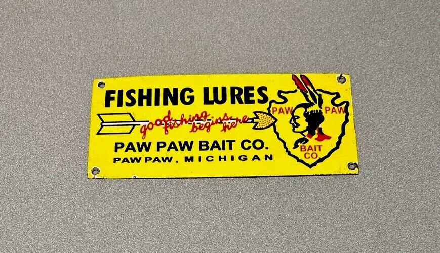 VINTAGE 12” PAW PAW LURES FISH HUNT PORCELAIN SIGN CAR GAS OIL TRUCK