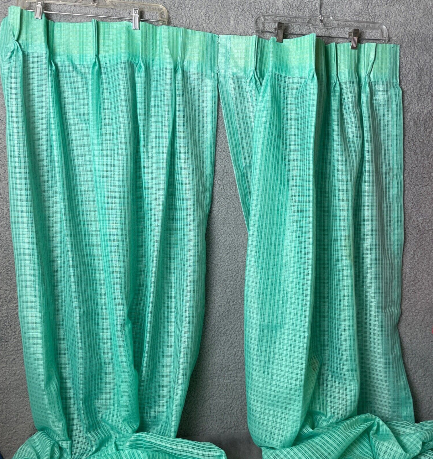 Vintage Curtains Aqua 2 Panels Pinch Pleats 26 W x 48 L Sheer Plaid Unused MCM