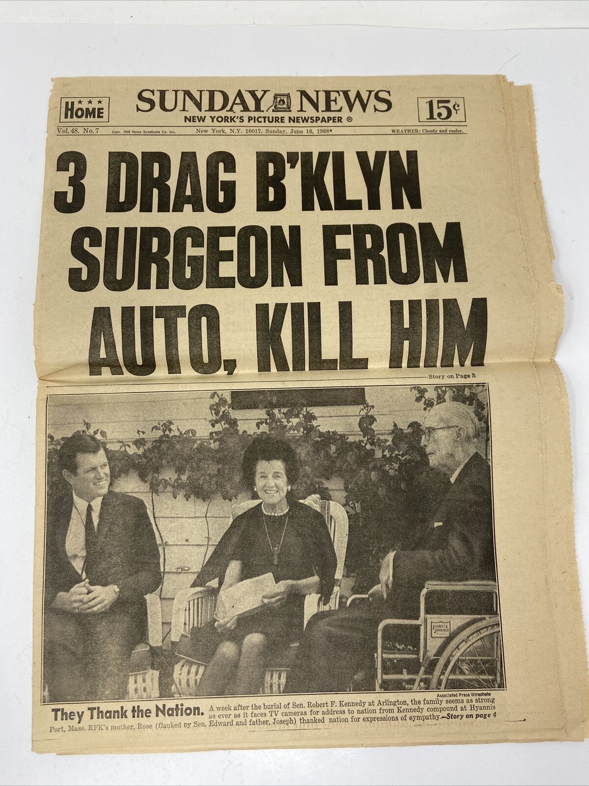 New York Sunday News June 16 1968 Kennedy Family Surgeon Murdered Killed