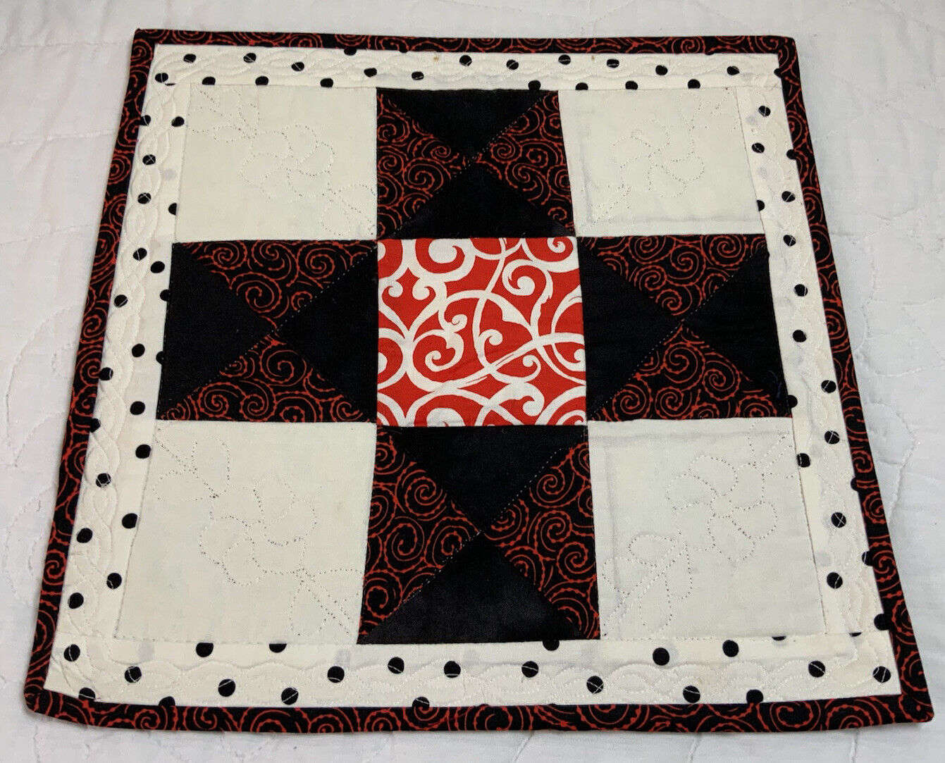 Patchwork Quilt Table Topper Or Wall Hanging, Nine Patch, Triangles, Red, Black
