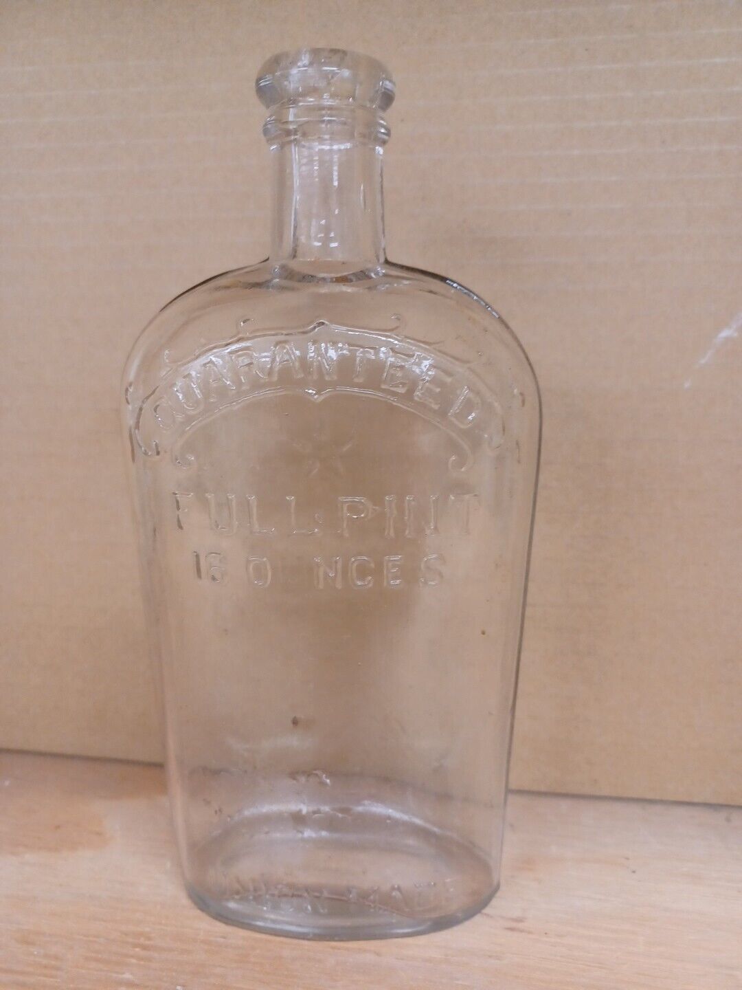 Antique Early 1900's Full Pint Union Made Clear Aged Glass Flask Bottle