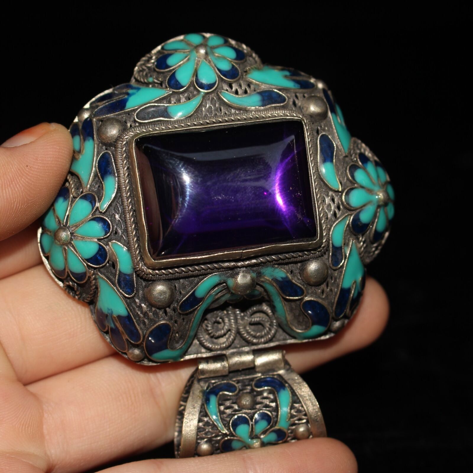noble copper cloisonne tibet silver carved flower inlay purple zircon pendant