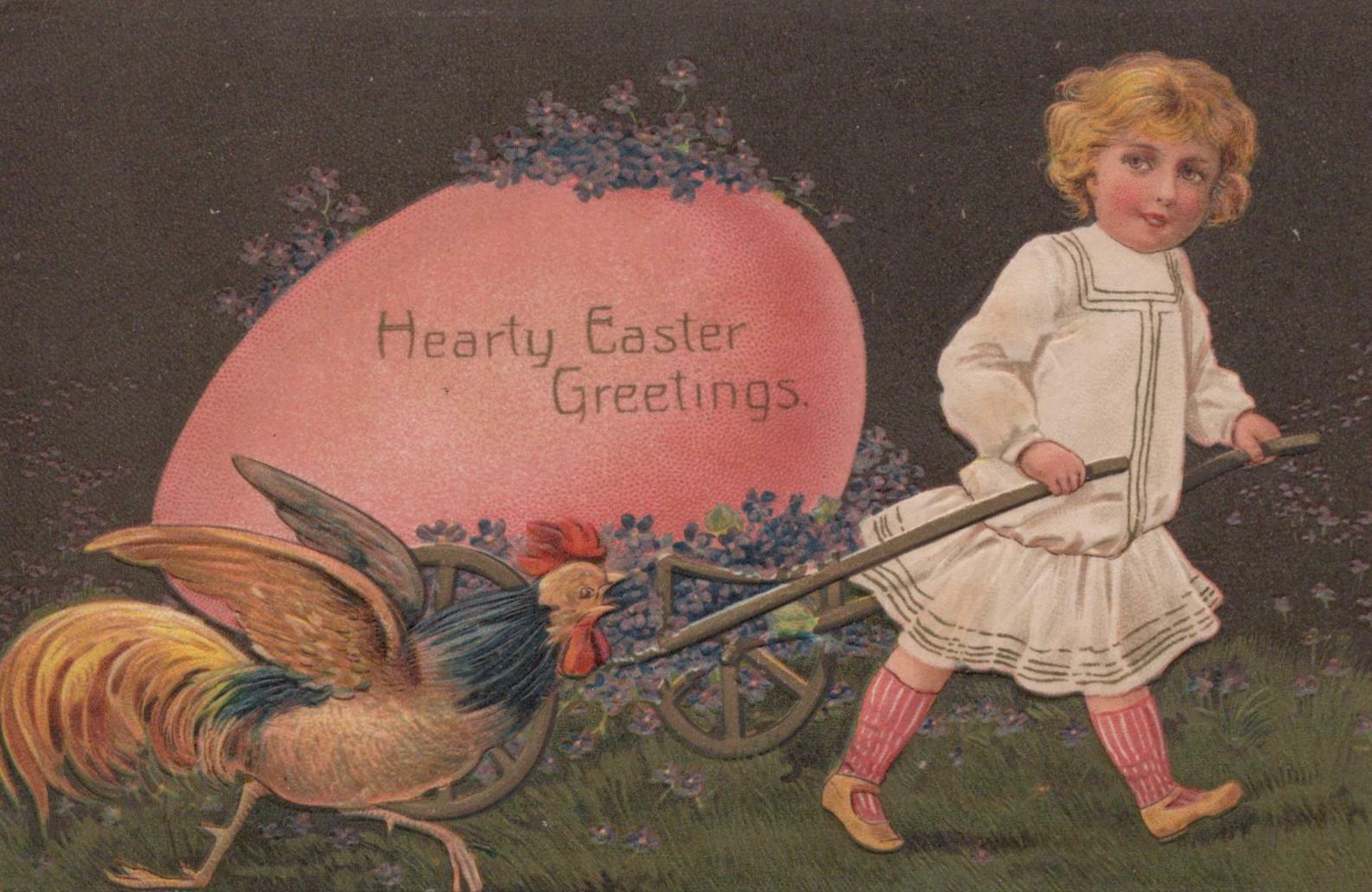 Postcard Hearty Easter Greetings Little Girl Pulling Large Pink Egg + Rooster 