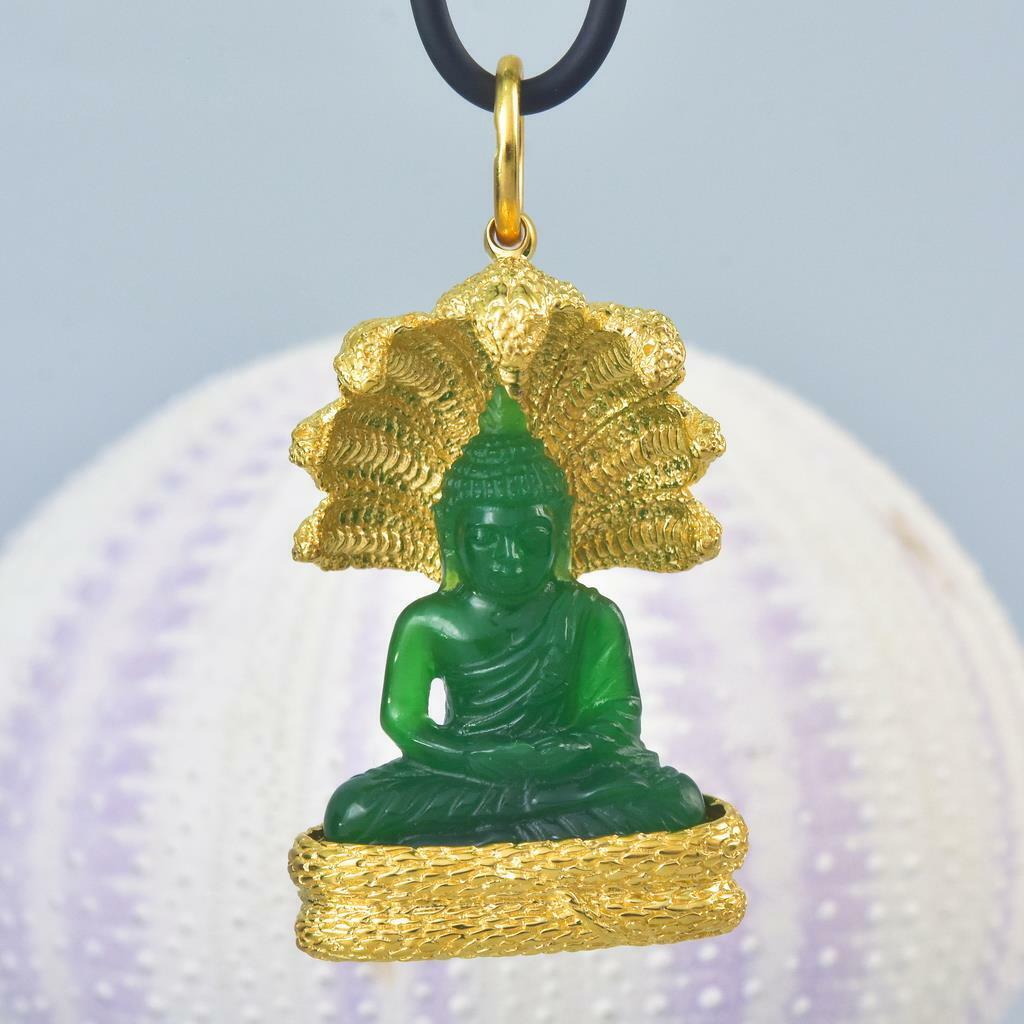 Buddha Image Mucalinda Naga Pendant Chalcedony Gold Vermeil Sterling 23.26 g