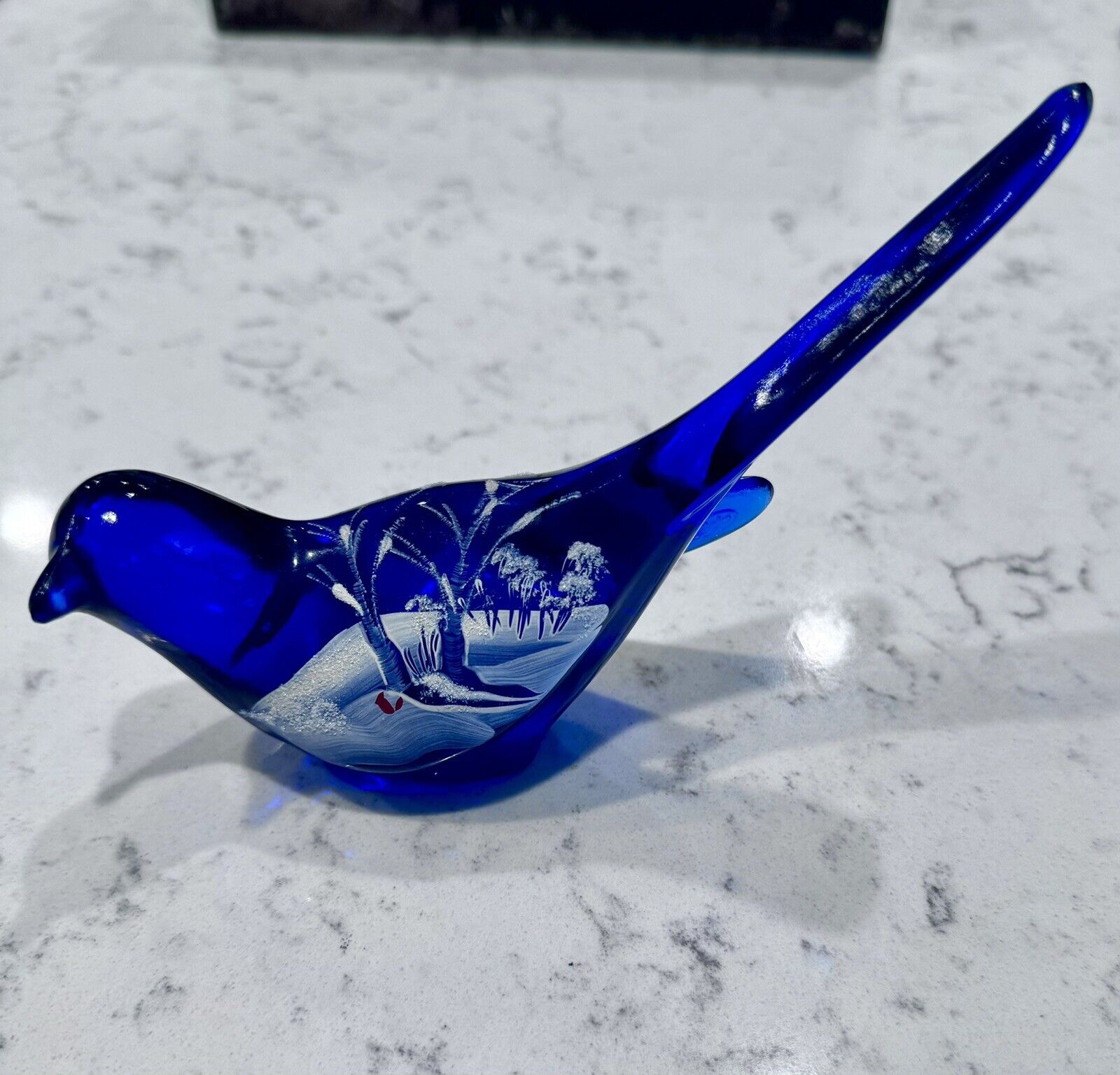 Fenton Glass Cobalt Blue Happiness Bird Canaan Valley At Wintertime Hand Painted