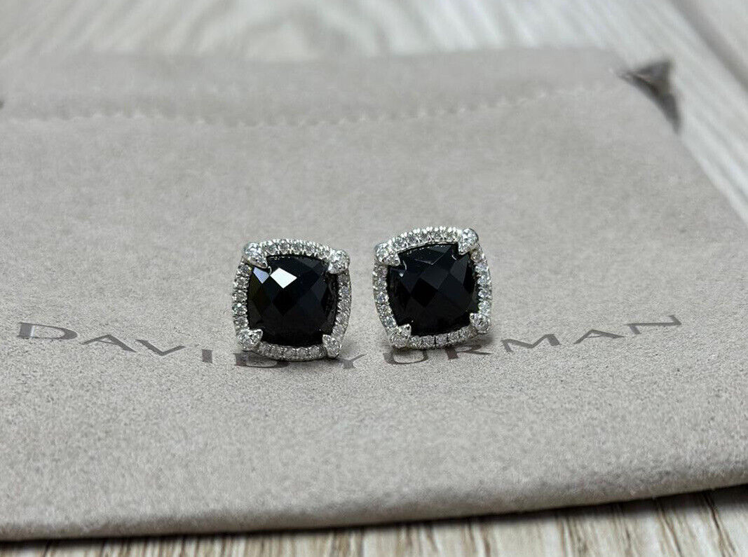 David Yurman 925 Silver 9mm  Chatelaine Earrings Black Onyx & Pave Diamond
