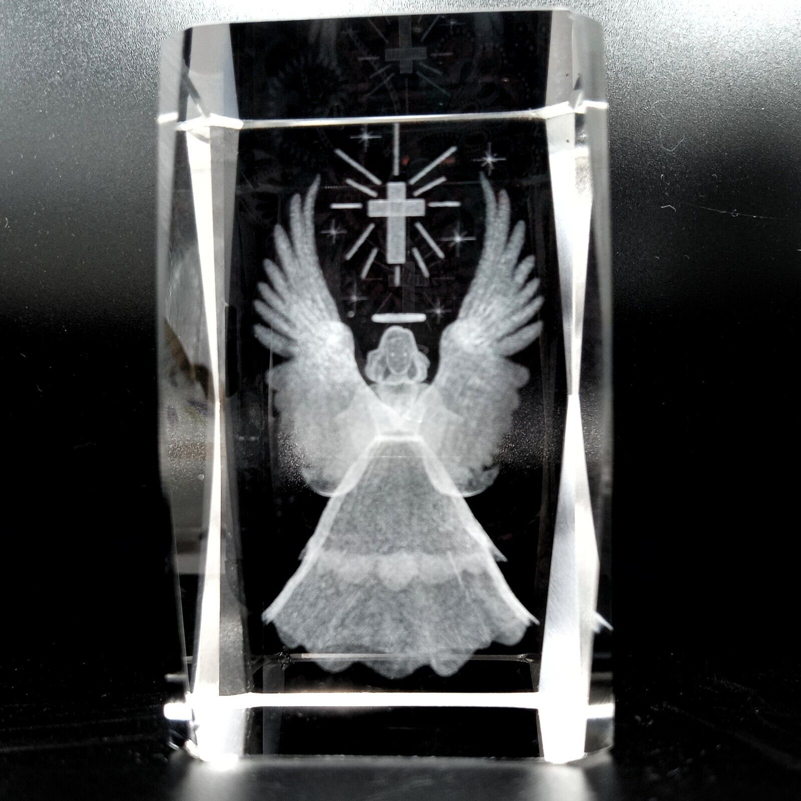 Clear Crystal Etched 3D Angel Cross Paperweight
