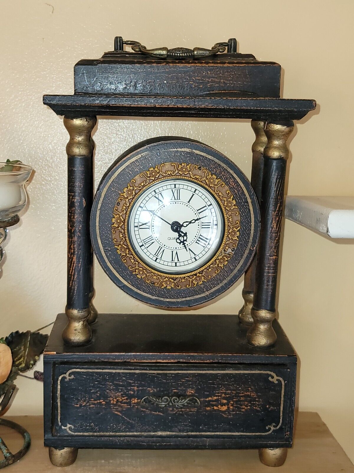 Antique Privilege International Wood Clock  Drawer Mantel Shelf Table Time Rare
