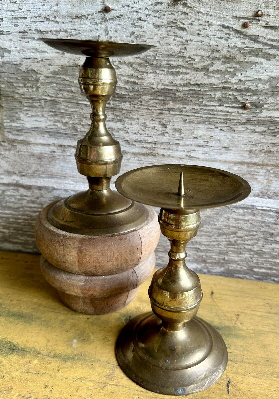 Vintage Brass Set of 2 Pillar Candlesticks Mid Century MCM / 6 In Tall X 4 In Wi