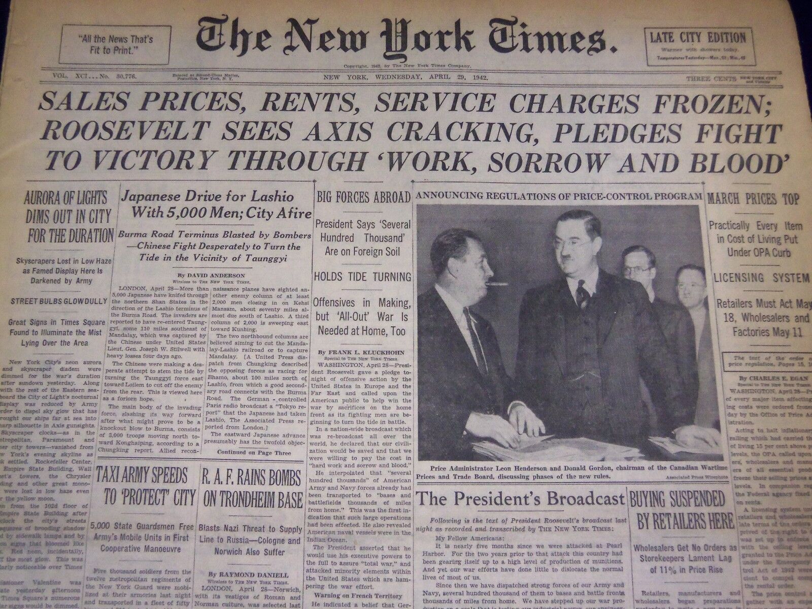 1942 APRIL 29 NEW YORK TIMES - ROOSEVELT SEES AXIS CRACKING - NT 1182