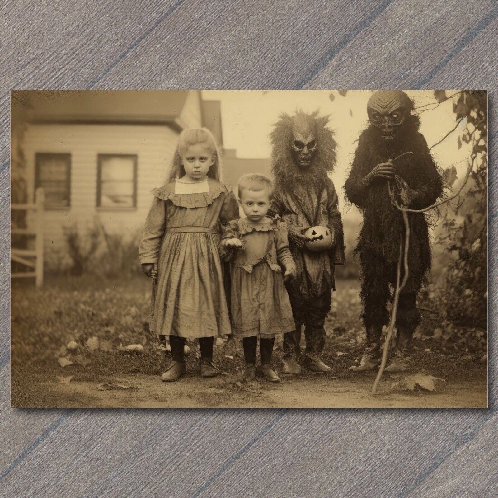 👻 POSTCARD Weird Creepy Vintage Family Halloween Cult House Unusual Masks