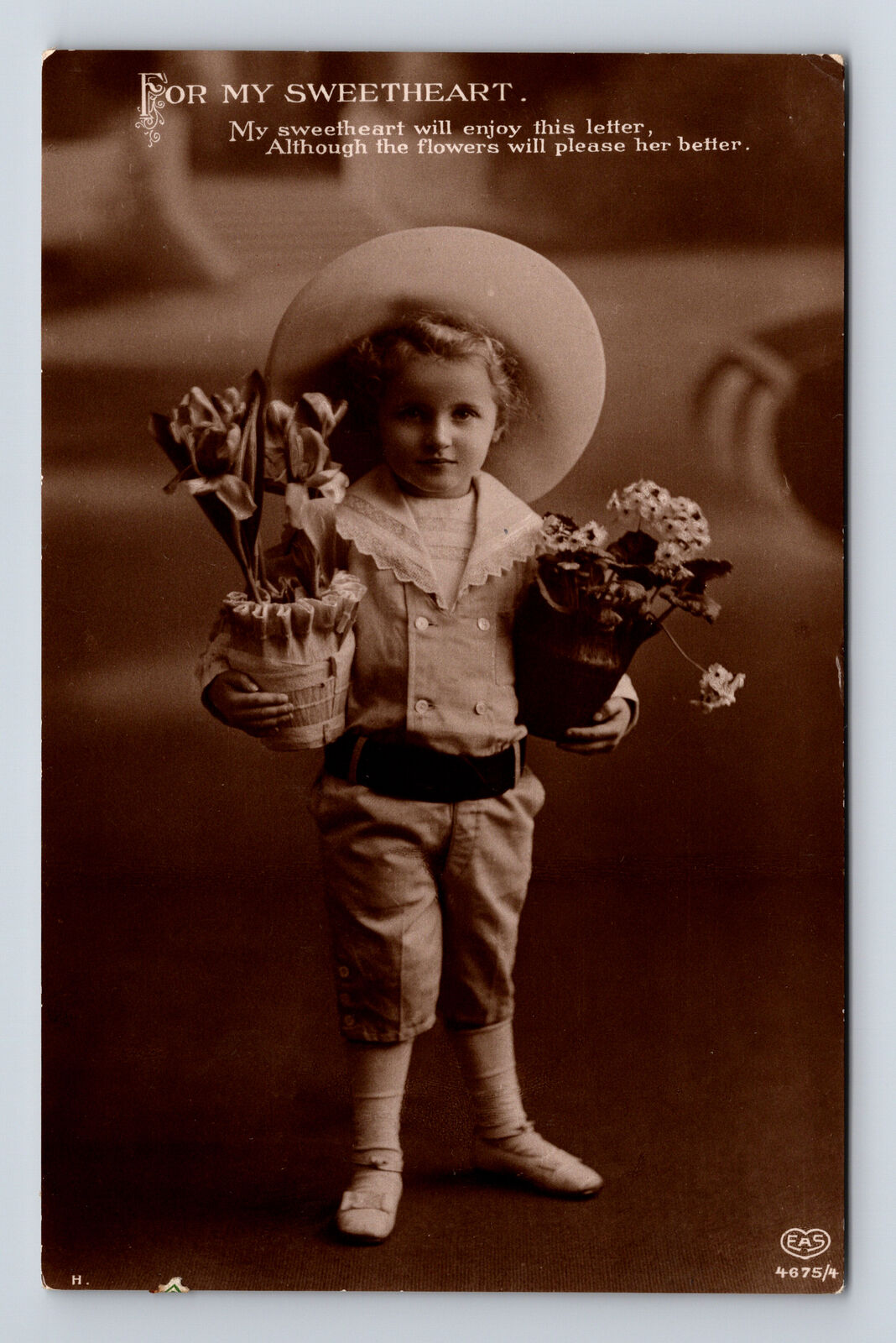 c1913 RPPC EAS Studio Portrait of Young Girl Hat Flowers For Sweetheart Postcard