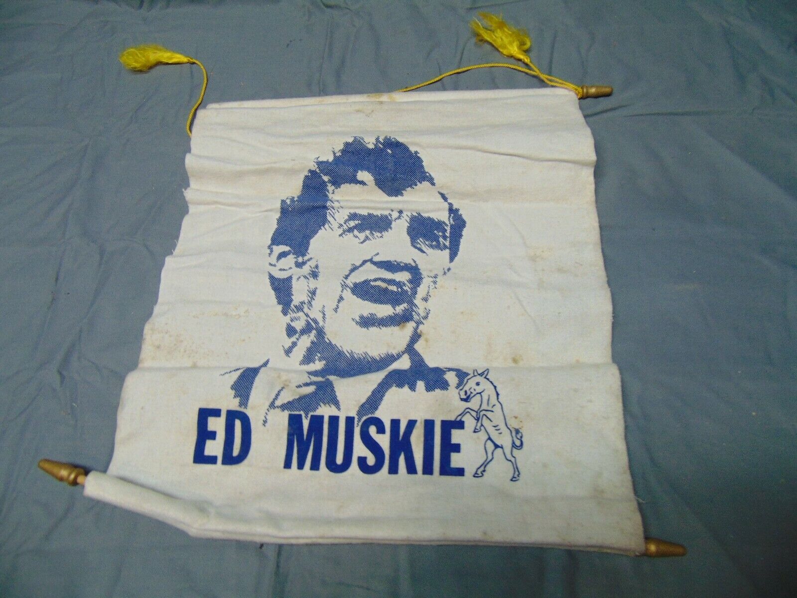 Vintage Ed Muskie small cloth white banner Horse design on it 15\