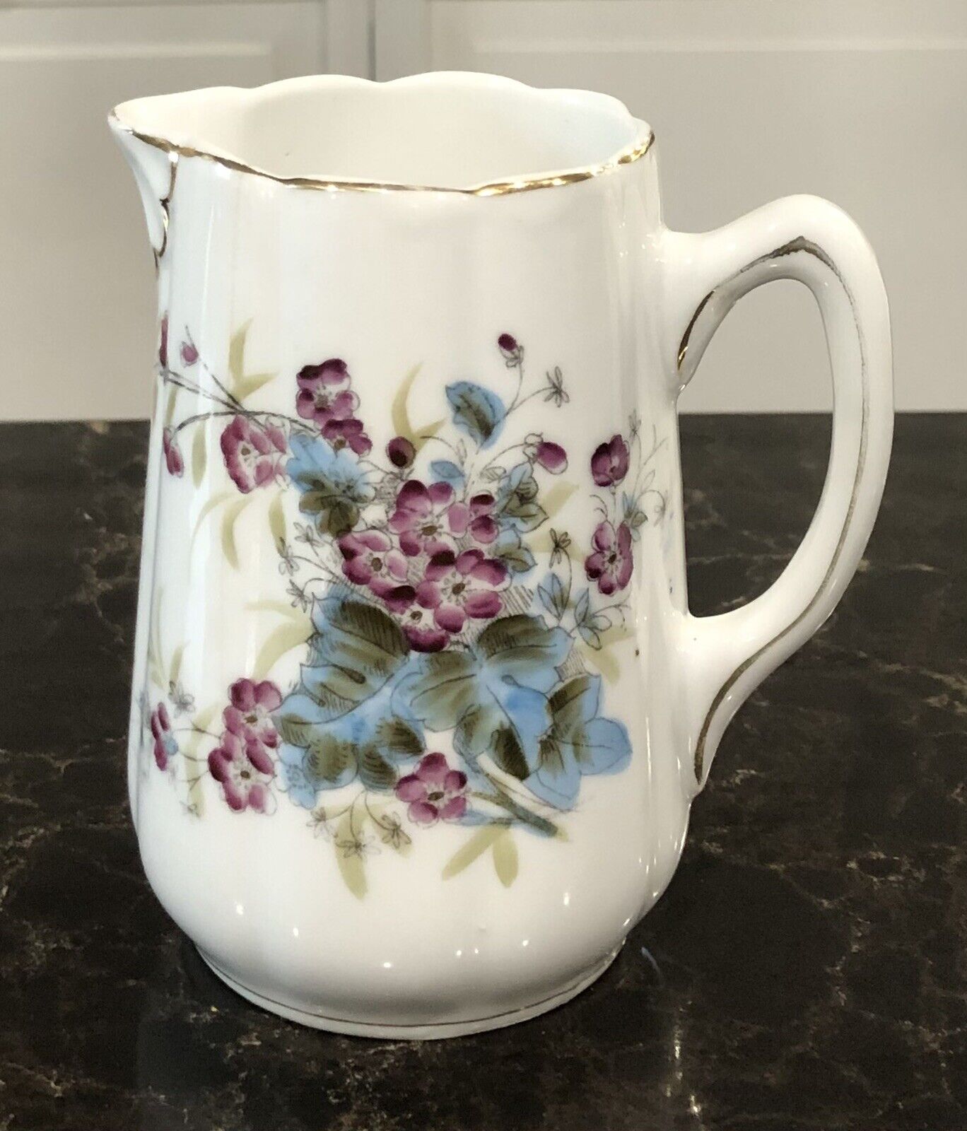 Vintage Hand-Painted Floral Creamer Pitcher Porcelain White Purple Blue Gold
