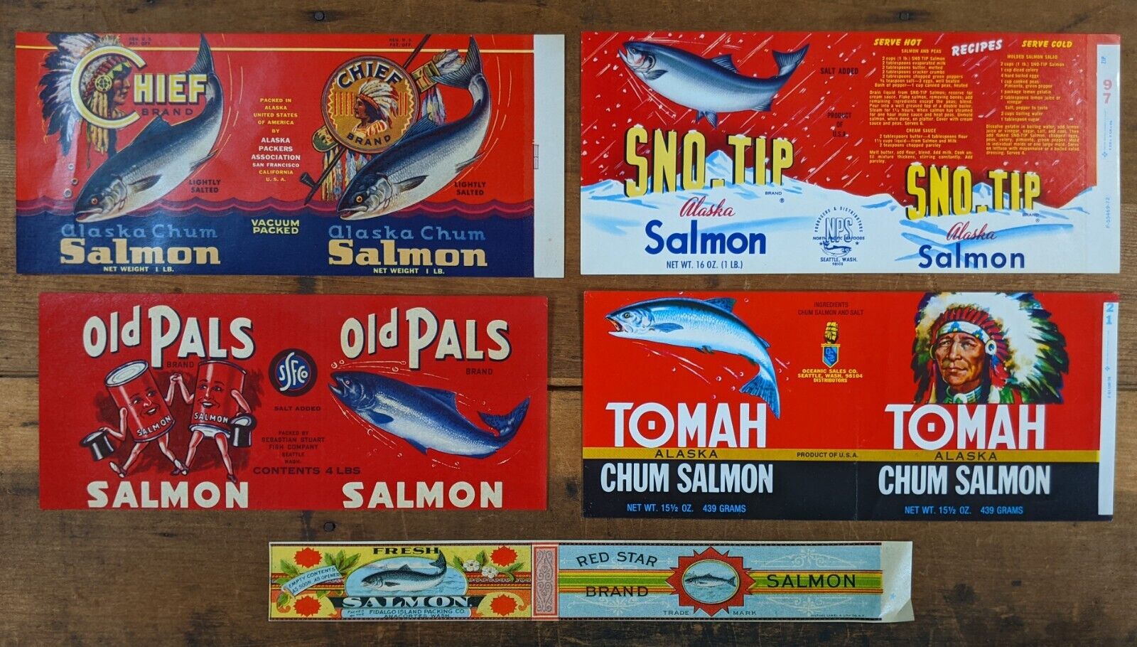 Lot Of 5 Different Vintage Salmon Can Labels, Washington, California