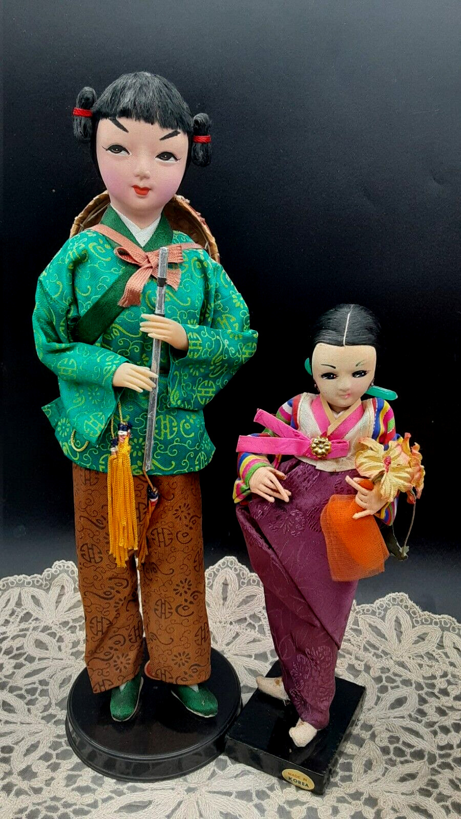 2 Asian vintage Dolls Tawain & Korea traditional dress Ornate on bases Hat
