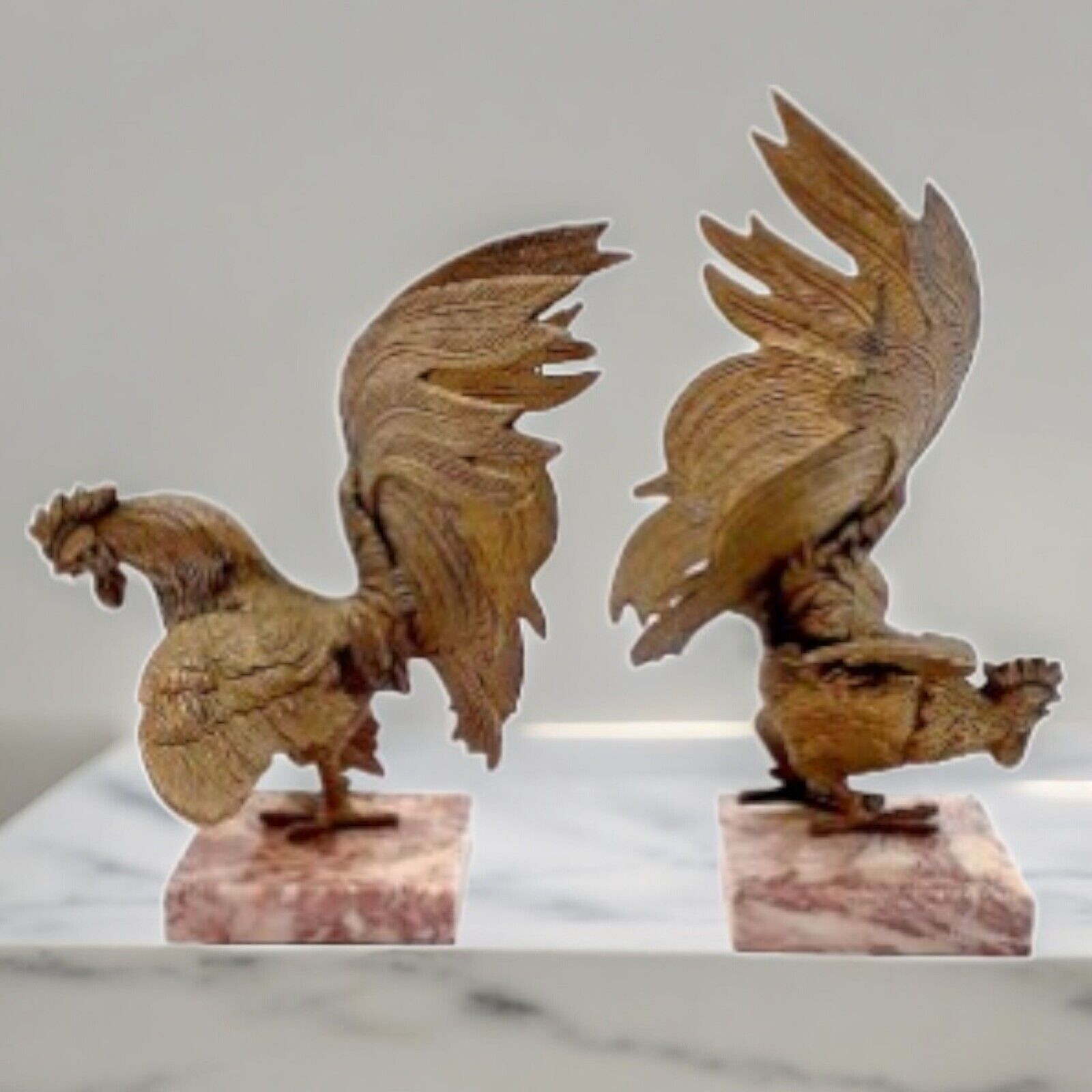 Set of Brass Fighting Roosters Bookends w/ Onyx Stone Base Vintage 8.5