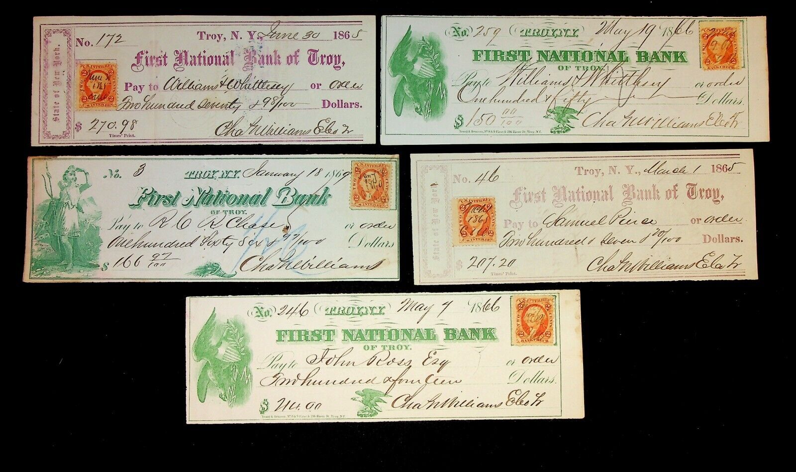 1865-69 Troy NY New York Bank Checks Charles Williams, Samuel Pierce, Whittlesey