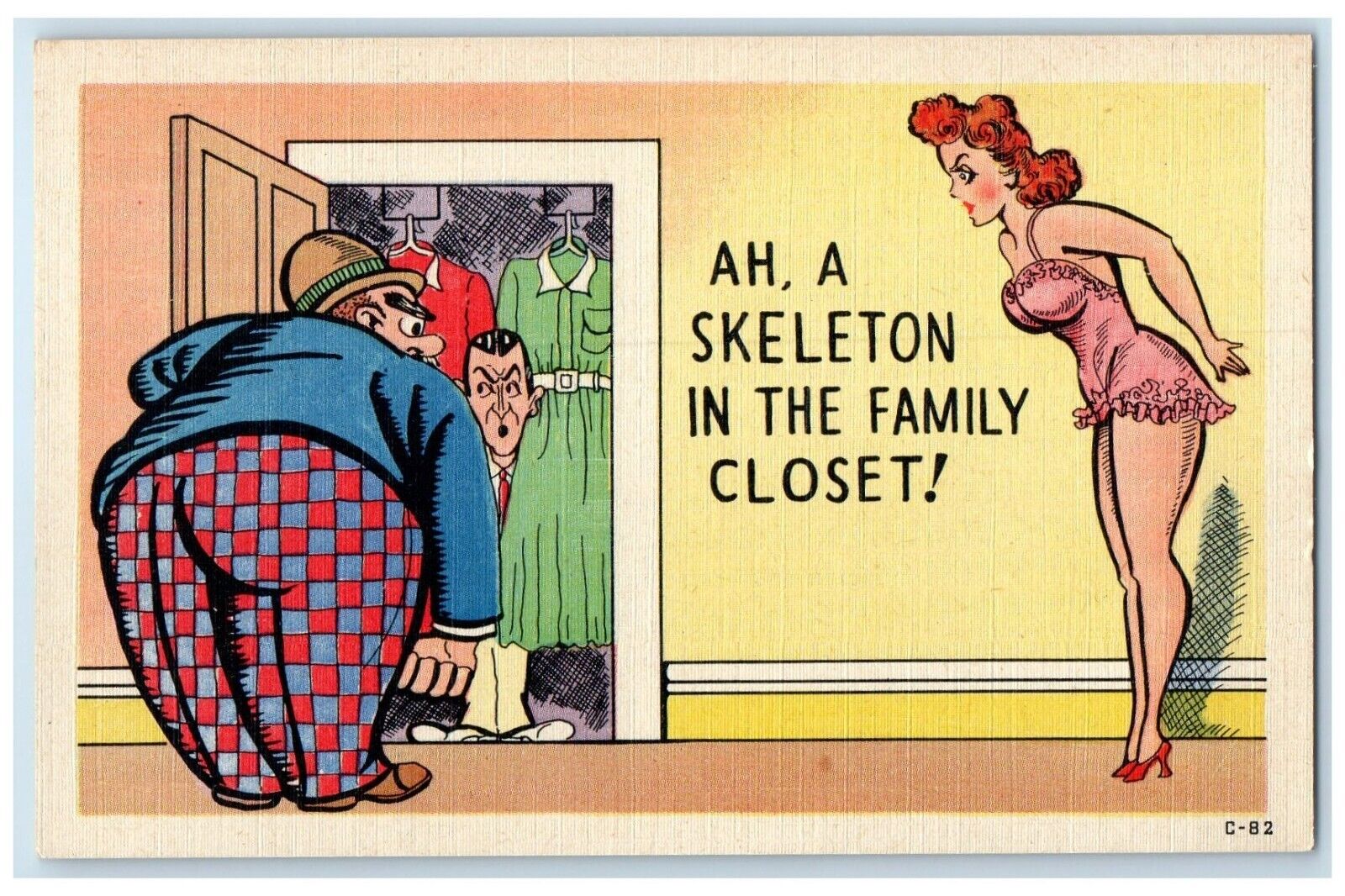 c1910's Sexy Woman Fat Man A Skeleton In The Family Unposted Antique Postcard