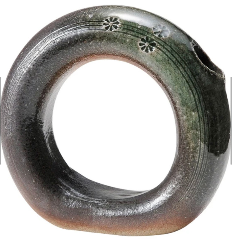 Shigaraki ware Hechimon Green Ring Japanese Pottery Flower Bud Vase Gift Box