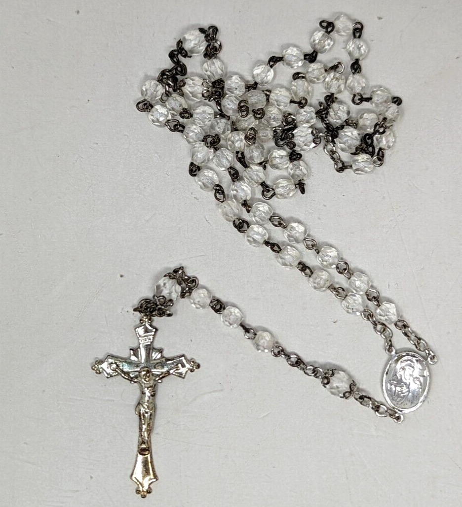 VTG Clear Faceted Glass Bead Metal Catholic Religious Cross Crucifix Rosary CP22