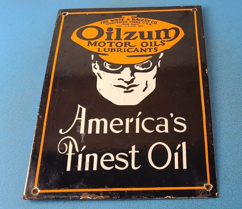 Vintage Oilzum Gasoline Sign - American's Finest Oil Porcelain Gas Pump Sign