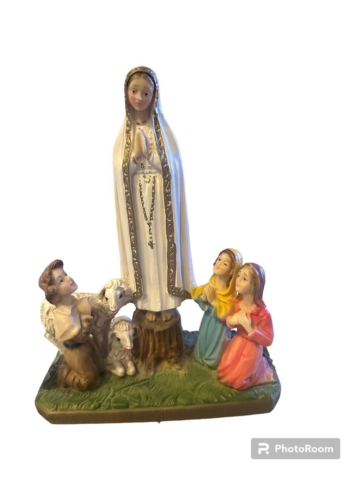 Our Lady of Fatima Statue  with Standing On Stump Children Lambs Italy 8”