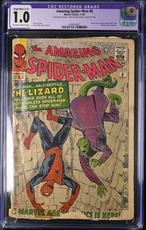 Amazing Spider-Man 6 CGC 1.0 Restored (C-2) Origin & 1st App. Lizard Ditko 1963