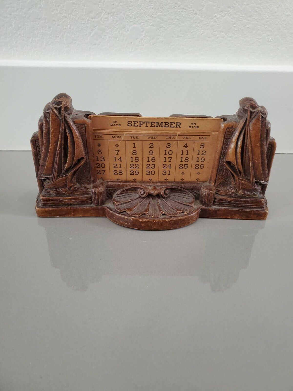 Antique Victorian Sailboat Ship Ceramic Calendar Card or Business holder 