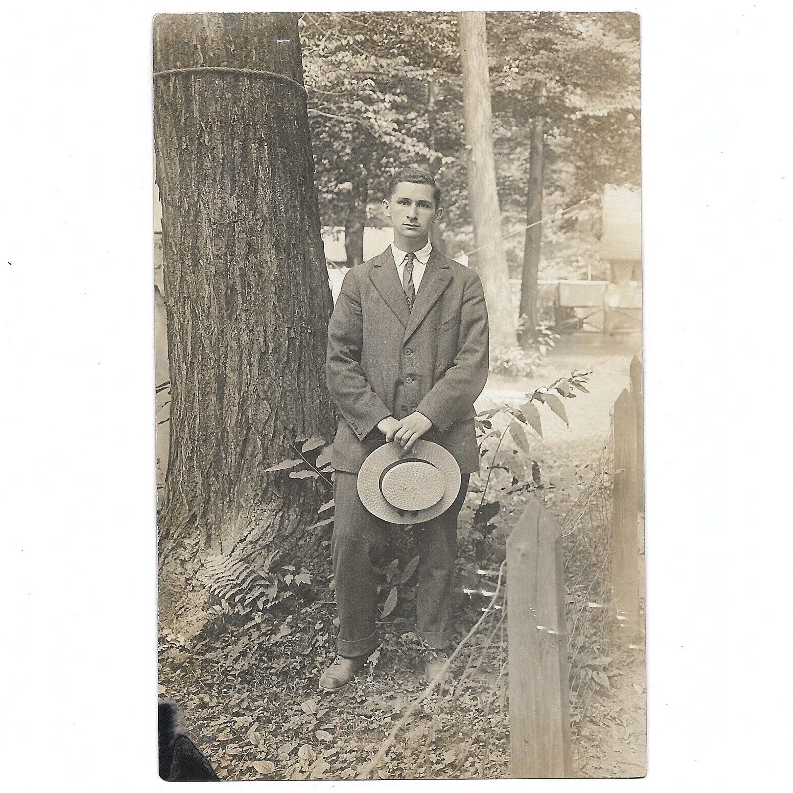 Antique RPPC Handsome Young Man Outside Straw Hat Leaves C1900 Vintage Photo