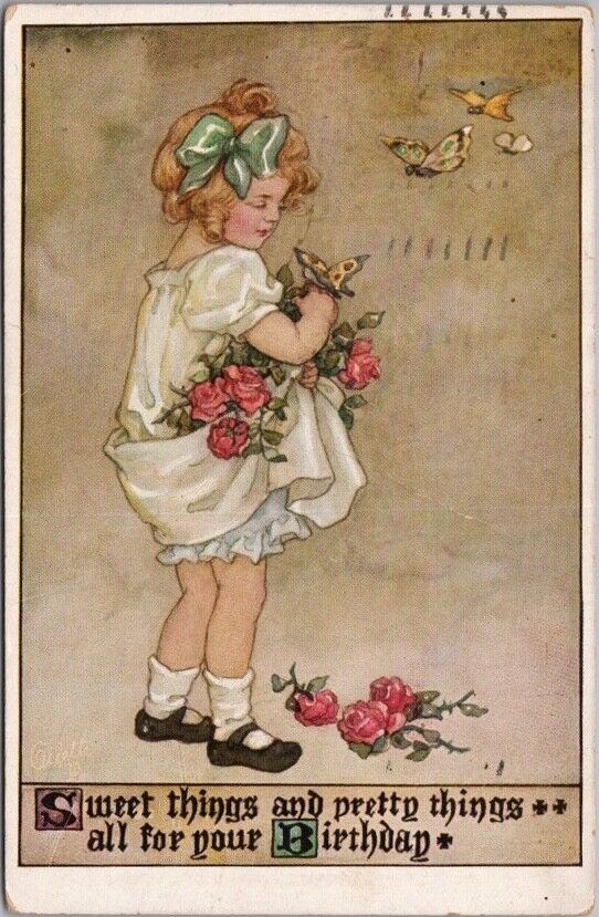 1914 Tuck's HAPPY BIRTHDAY Postcard Girl with Roses / Butterflies - Series #810